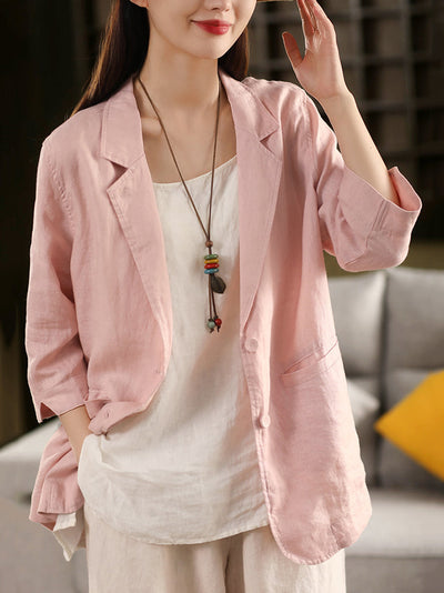 Plus Size Women Summer Artsy Pure Color 100%Linen Shirt Coat