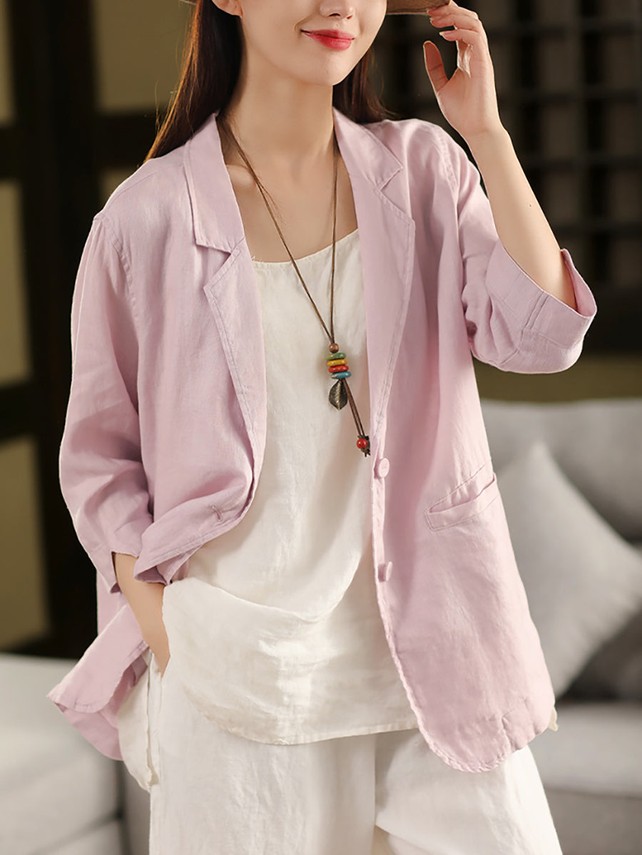 Plus Size Women Summer Artsy Pure Color 100%Linen Shirt Coat