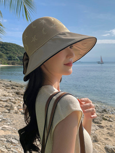 Women Summer Colorblock Bowknot Sunproof Hat