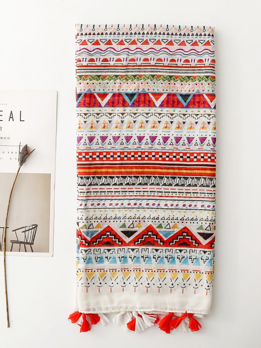 Women Bohemia Geometric Print Tassel Shawl Scarf