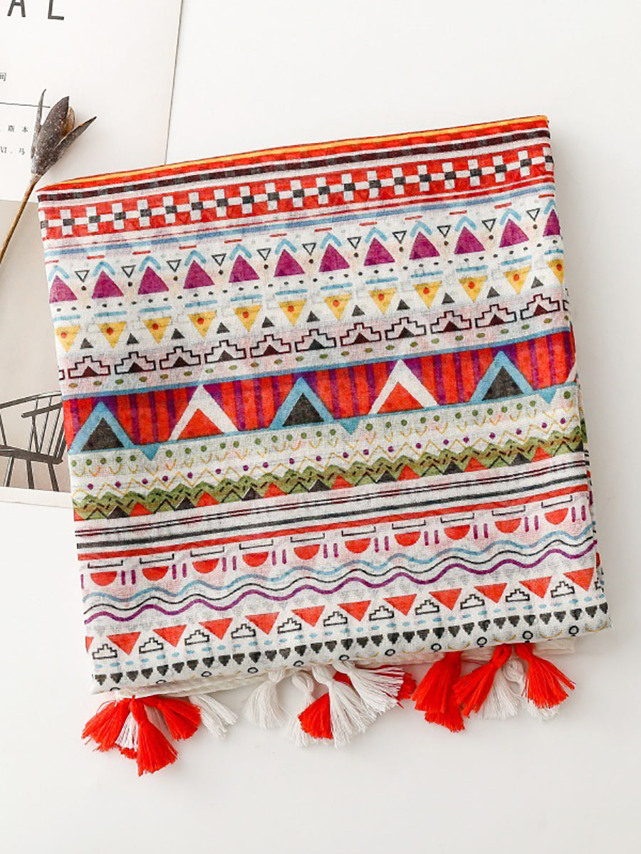 Women Bohemia Geometric Print Tassel Shawl Scarf