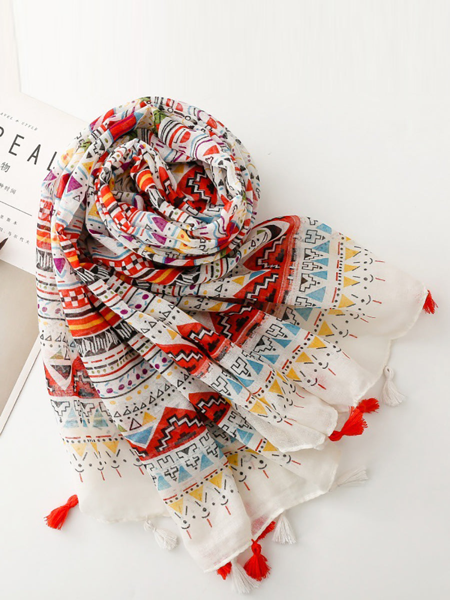 Women Bohemia Geometric Print Tassel Shawl Scarf