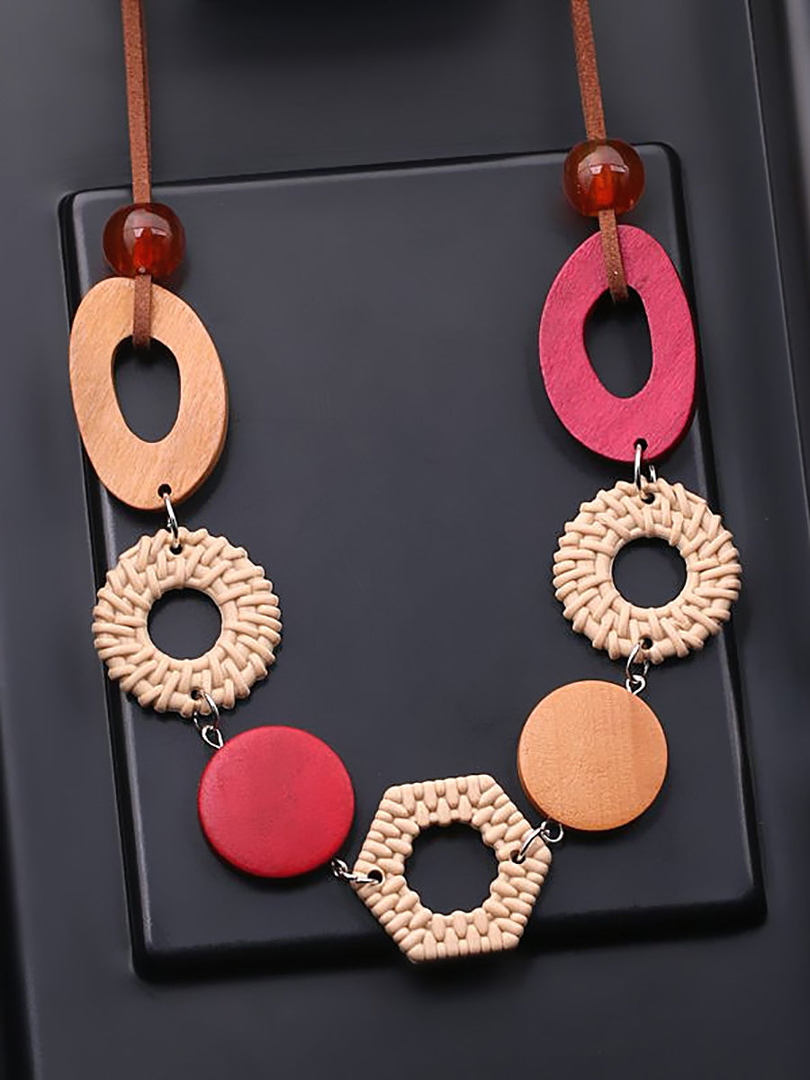 Women Ethnic Geometric Wooden Necklace