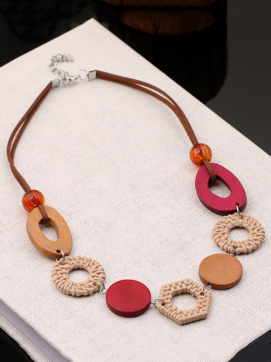 Women Ethnic Geometric Wooden Necklace