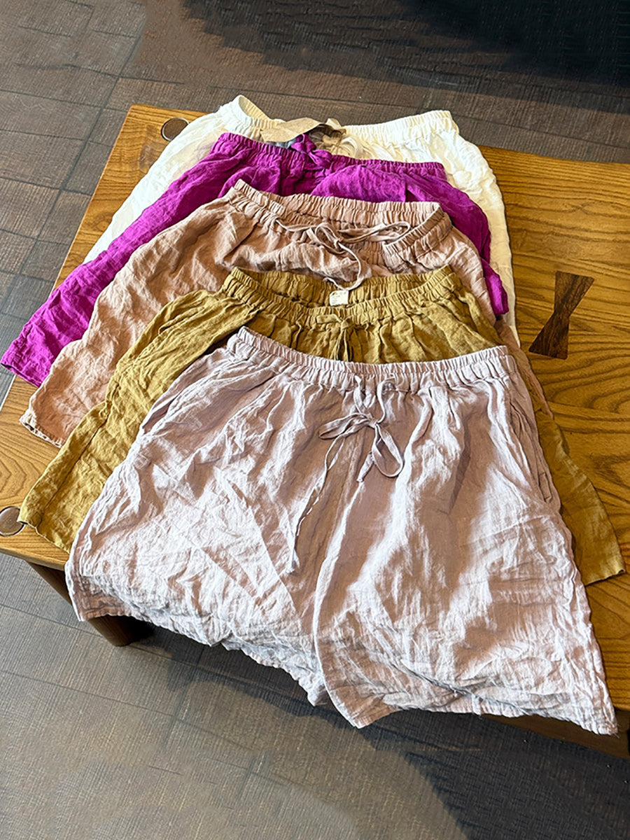 Women Summer Vintage Pure Color Linen Fifth Pants