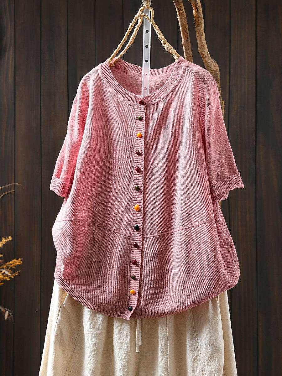 Women Summer Casual Pure Color O-Neck Knitted Shirt