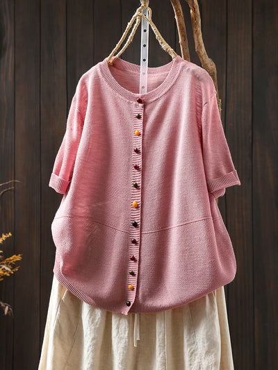 Women Summer Casual Pure Color O-Neck Knitted Shirt
