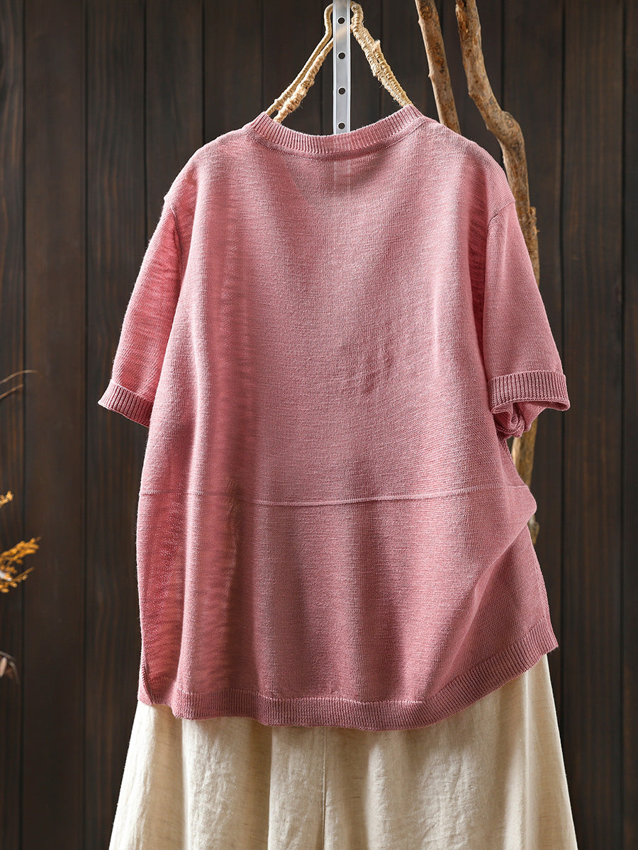 Women Summer Casual Pure Color O-Neck Knitted Shirt