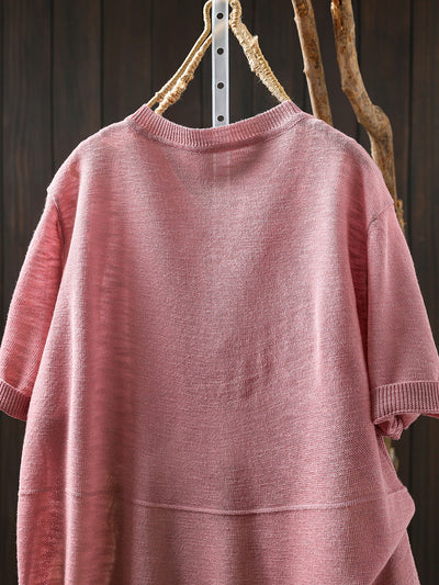 Women Summer Casual Pure Color O-Neck Knitted Shirt
