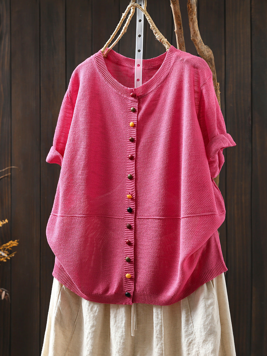 Women Summer Casual Pure Color O-Neck Knitted Shirt