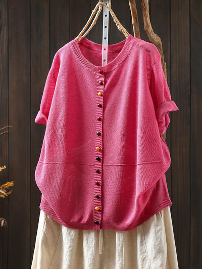 Women Summer Casual Pure Color O-Neck Knitted Shirt