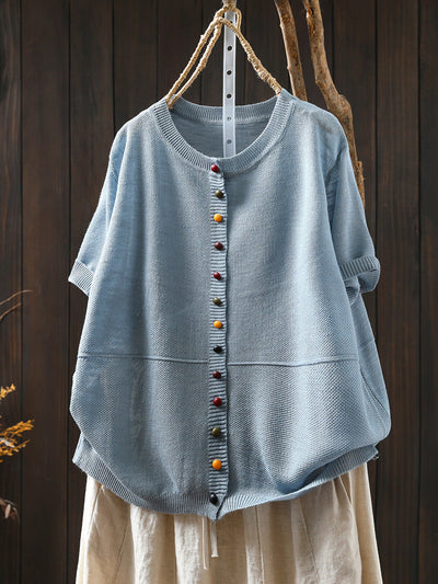 Women Summer Casual Pure Color O-Neck Knitted Shirt