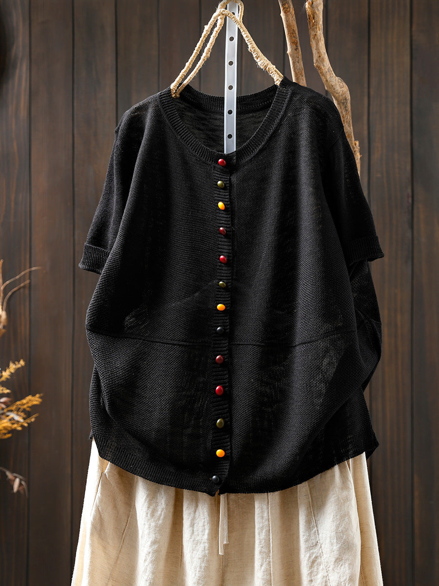 Women Summer Casual Pure Color O-Neck Knitted Shirt