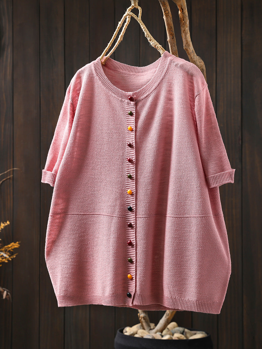 Women Summer Casual Pure Color O-Neck Knitted Shirt