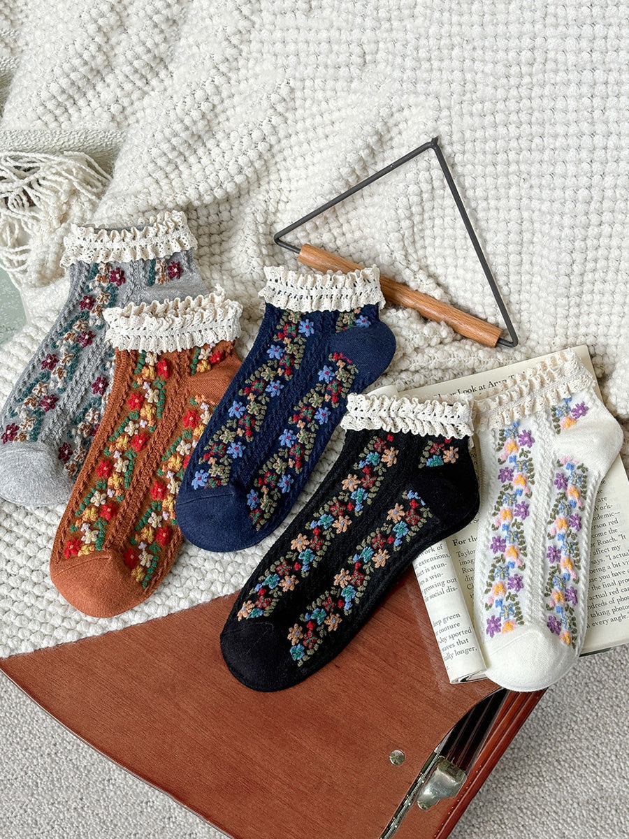 5 Pairs Women Artsy Floral Lace Short Socks