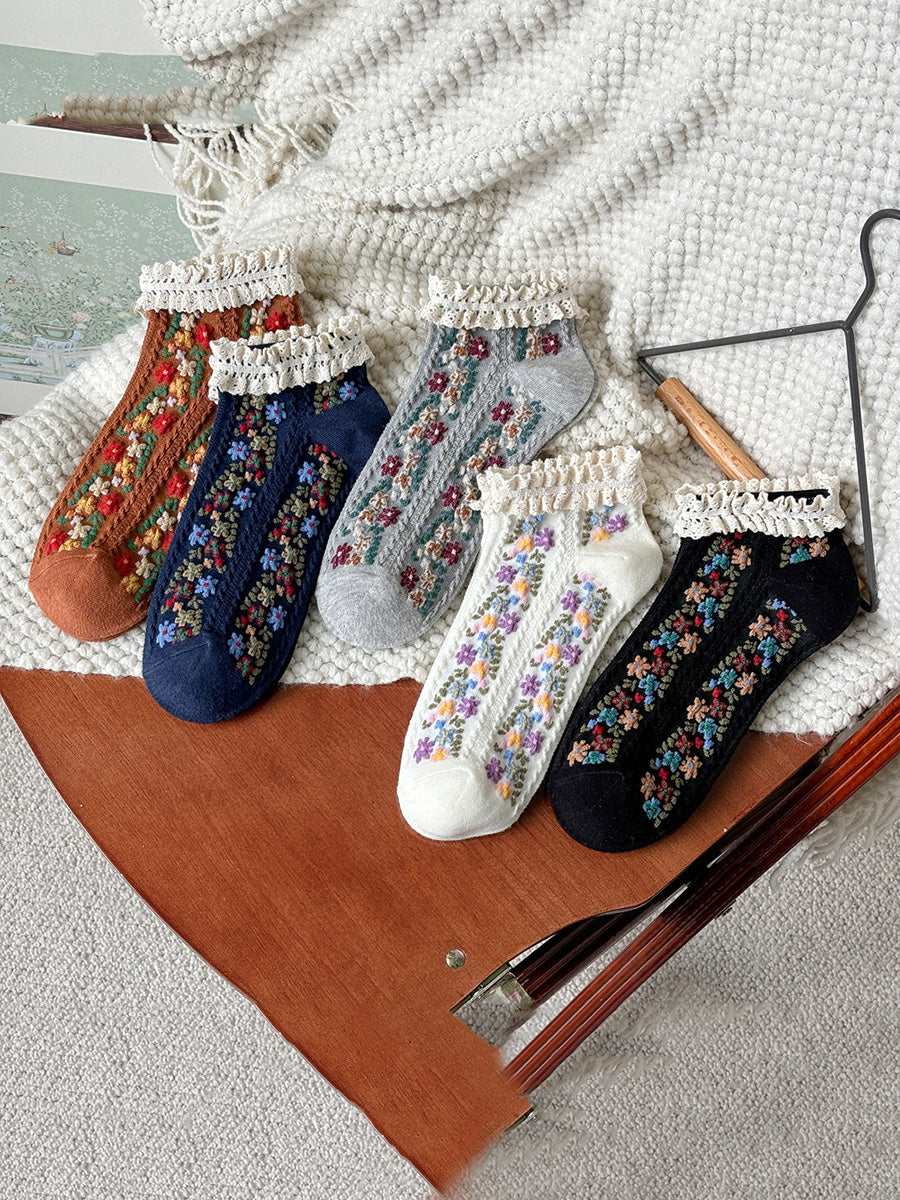 5 Pairs Women Artsy Floral Lace Short Socks