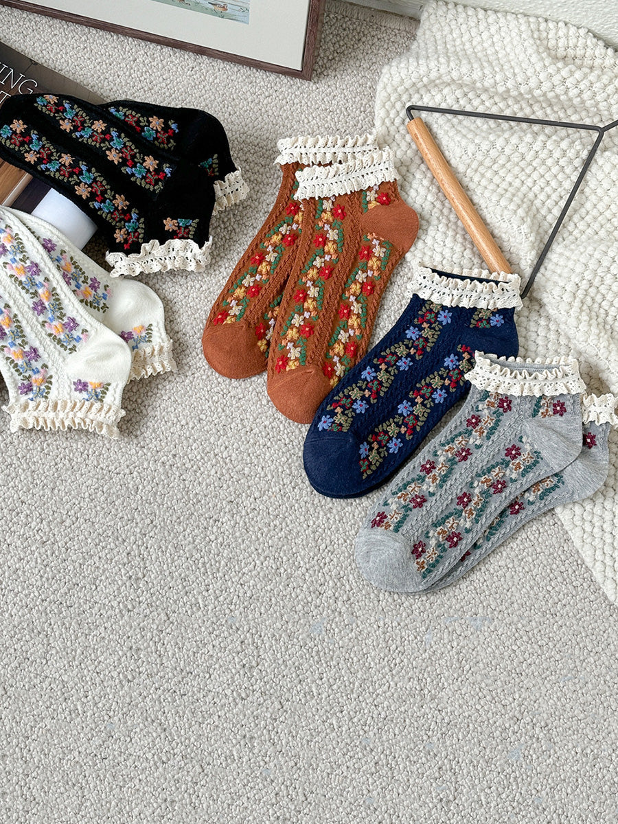 5 Pairs Women Artsy Floral Lace Short Socks