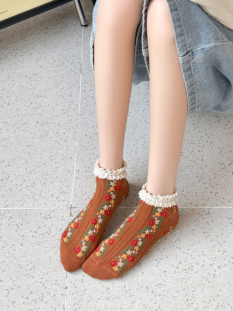 5 Pairs Women Artsy Floral Lace Short Socks