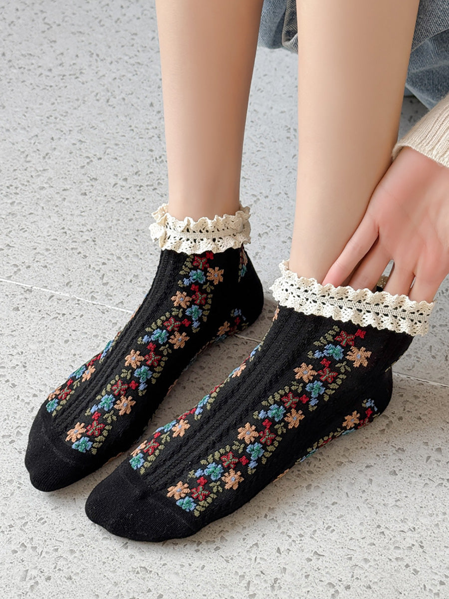 5 Pairs Women Artsy Floral Lace Short Socks