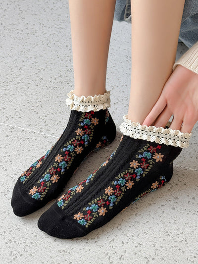 5 Pairs Women Artsy Floral Lace Short Socks