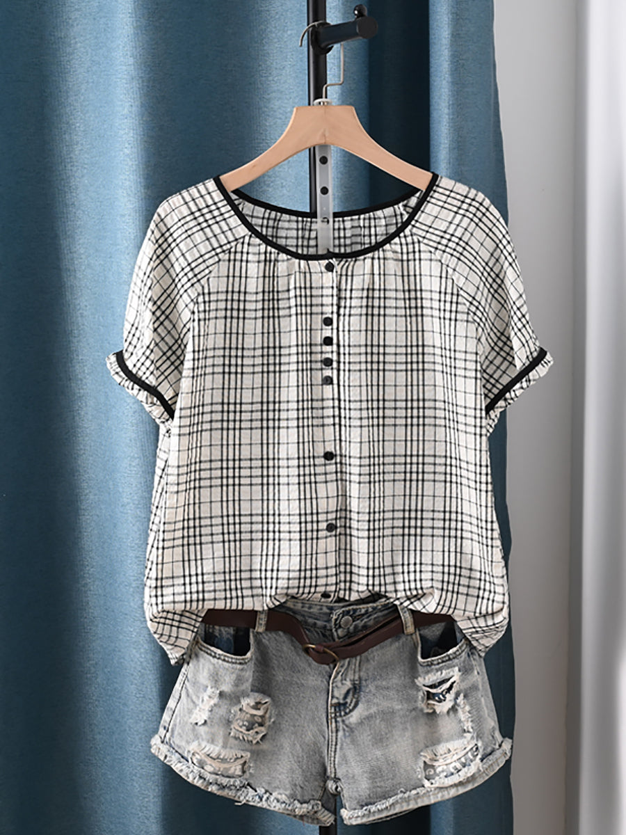 Women Summer Artsy Stripe Plaid O-Neck 100%Cotton Shirt