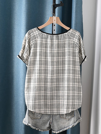 Women Summer Artsy Stripe Plaid O-Neck 100%Cotton Shirt