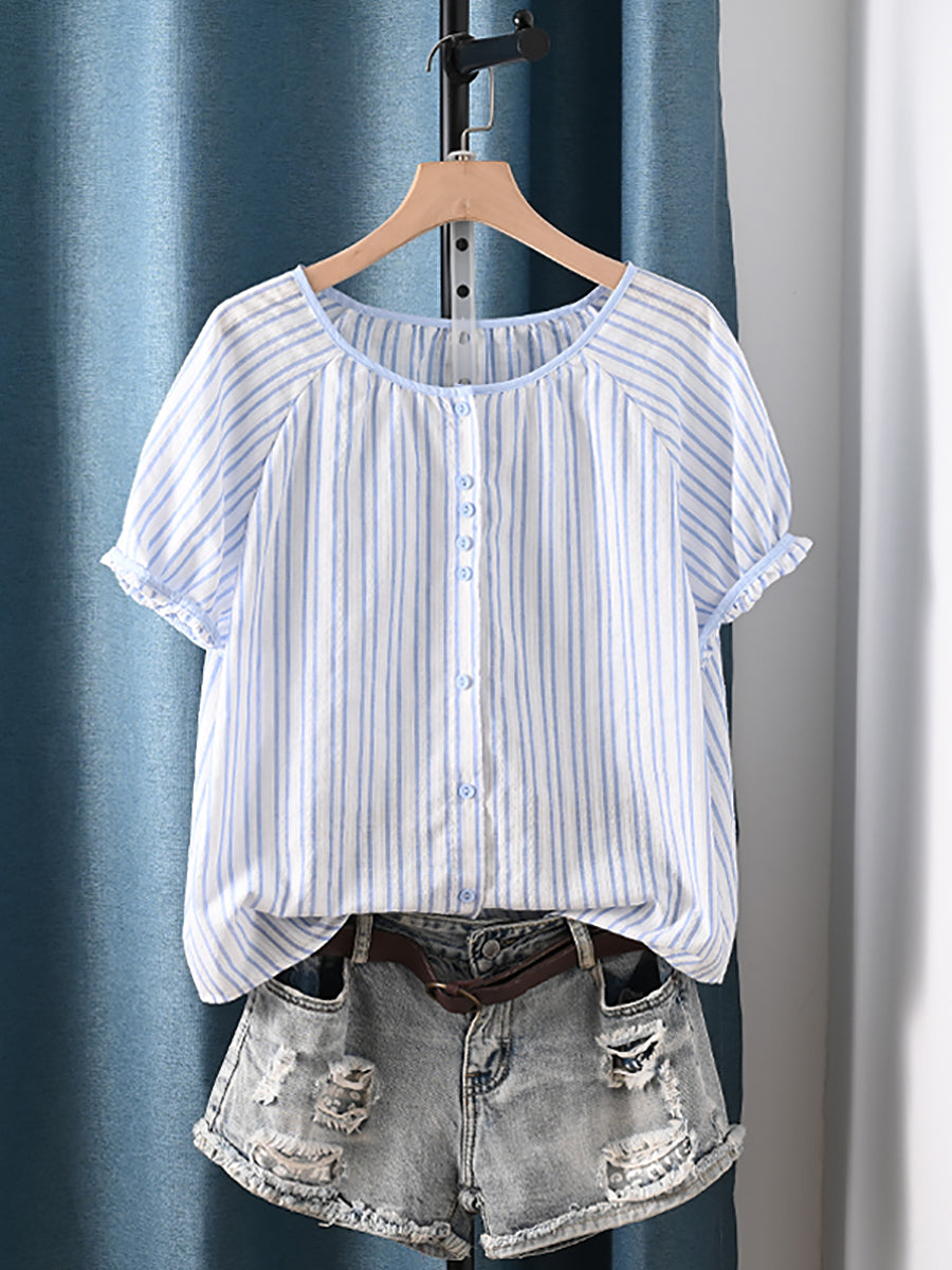 Women Summer Artsy Stripe Plaid O-Neck 100%Cotton Shirt