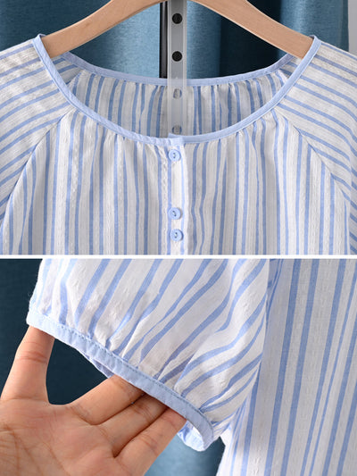 Women Summer Artsy Stripe Plaid O-Neck 100%Cotton Shirt