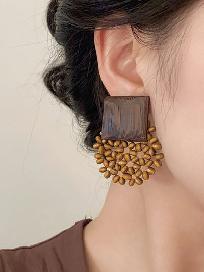 Women Vintage Square Wooden Bead Flower Earrings