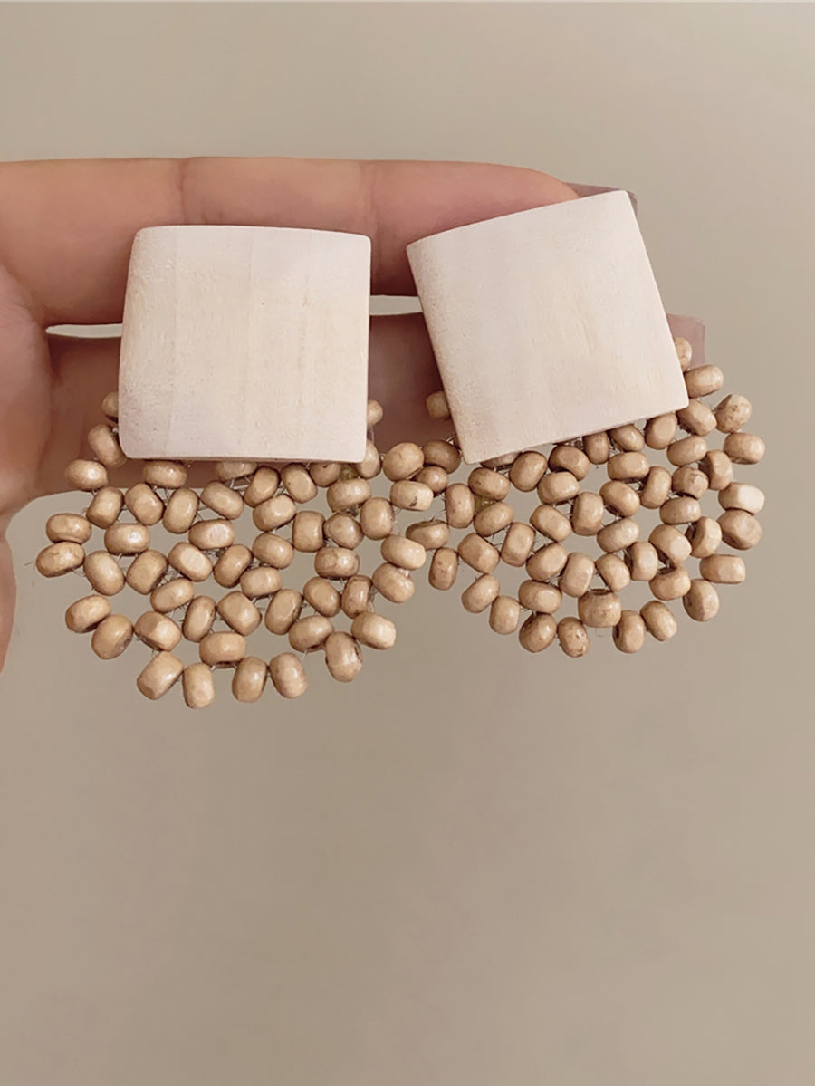 Women Vintage Square Wooden Bead Flower Earrings