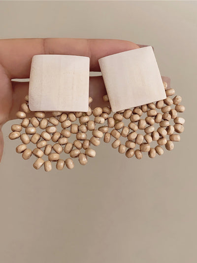 Women Vintage Square Wooden Bead Flower Earrings