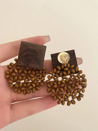 Women Vintage Square Wooden Bead Flower Earrings