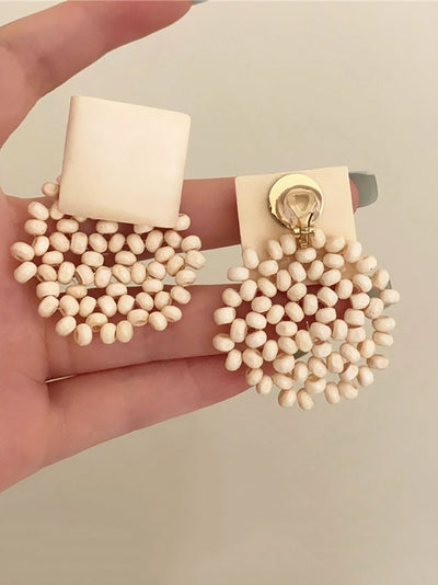 Women Vintage Square Wooden Bead Flower Earrings