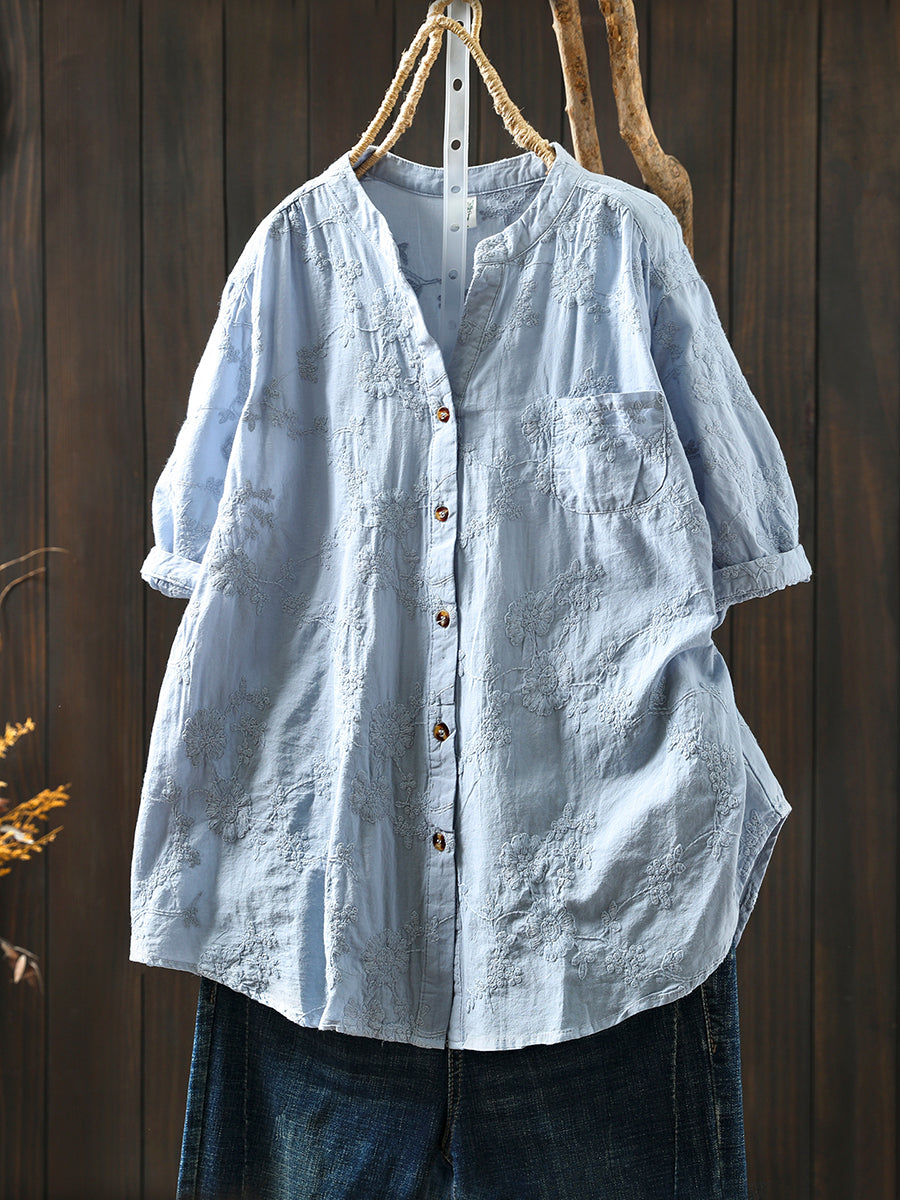 Women Summer Artsy Flower Embroidery V-Neck 100%Cotton Shirt