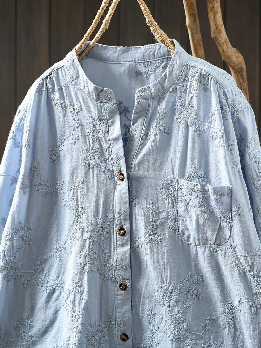 Women Summer Artsy Flower Embroidery V-Neck 100%Cotton Shirt