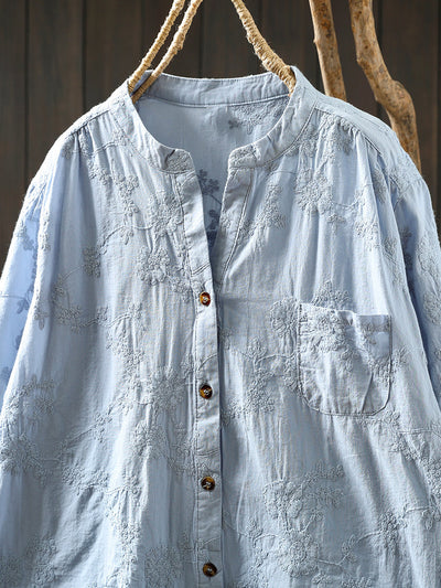 Women Summer Artsy Flower Embroidery V-Neck 100%Cotton Shirt