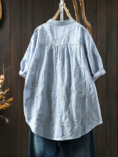 Women Summer Artsy Flower Embroidery V-Neck 100%Cotton Shirt