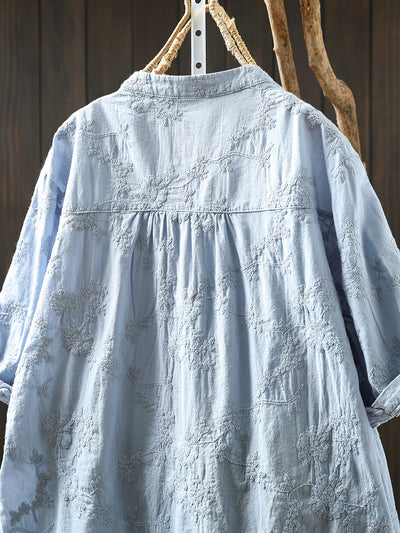 Women Summer Artsy Flower Embroidery V-Neck 100%Cotton Shirt