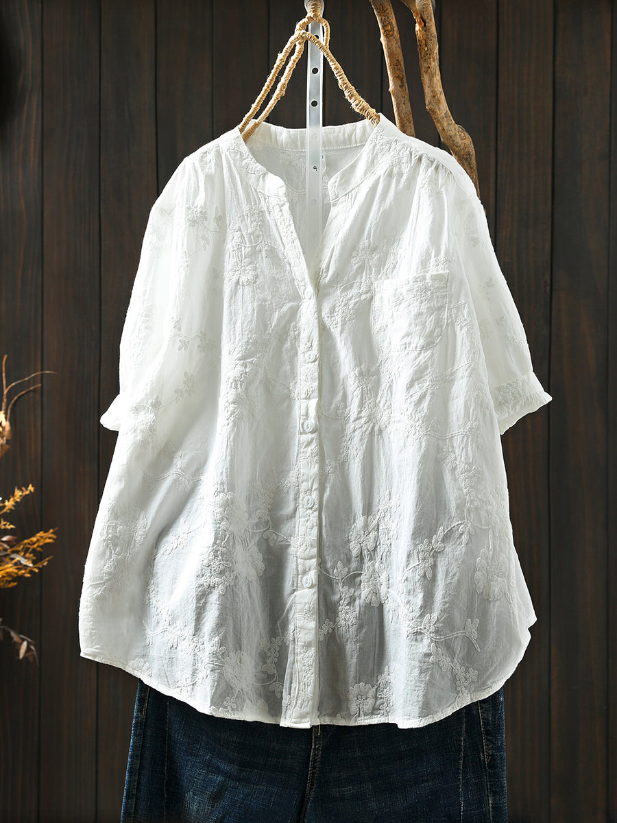 Women Summer Artsy Flower Embroidery V-Neck 100%Cotton Shirt