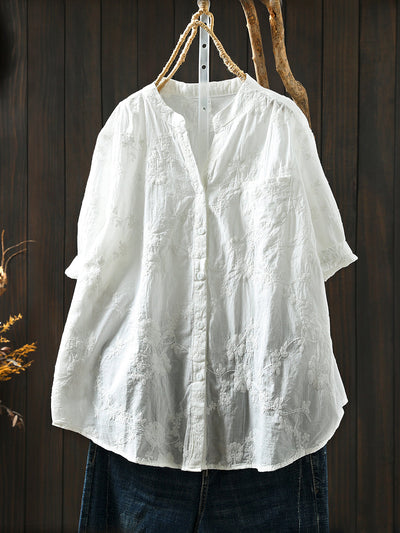 Women Summer Artsy Flower Embroidery V-Neck 100%Cotton Shirt