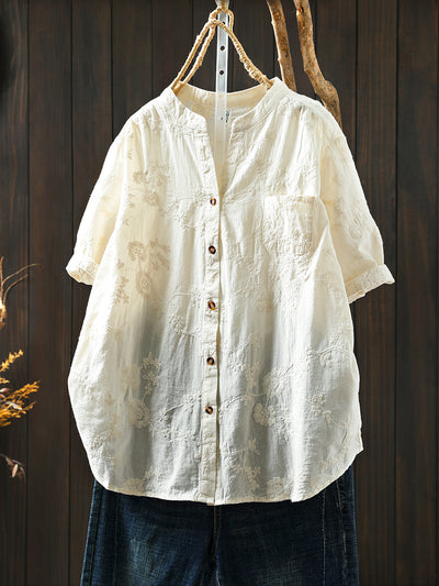 Women Summer Artsy Flower Embroidery V-Neck 100%Cotton Shirt