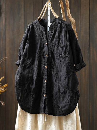 Women Summer Artsy Flower Embroidery V-Neck 100%Cotton Shirt