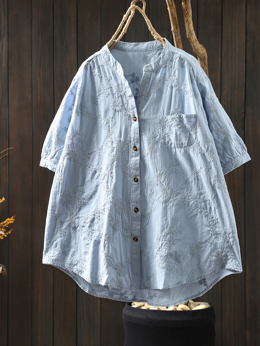 Women Summer Artsy Flower Embroidery V-Neck 100%Cotton Shirt