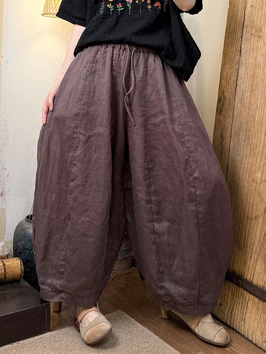 Women Summer Casual Pure Color Ramie Harem Pants