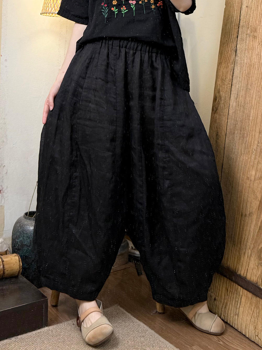 Women Summer Casual Pure Color Ramie Harem Pants