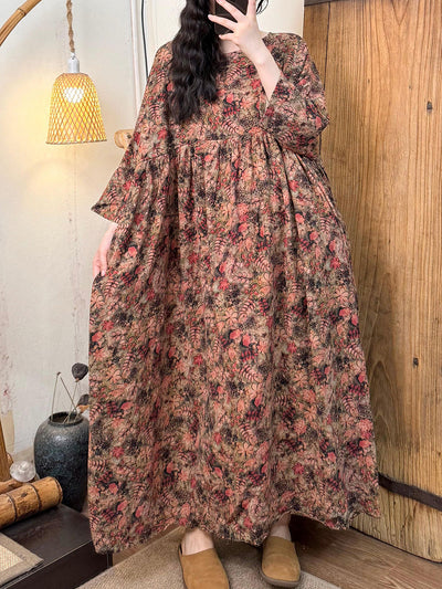 Plus Size Women Summer Artsy Flower O-Neck Cotton Dress