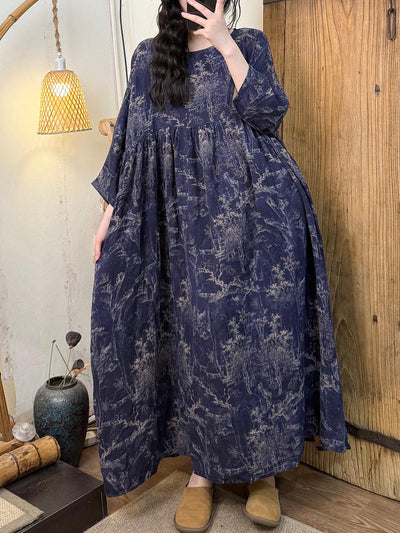 Plus Size Women Summer Artsy Flower O-Neck Cotton Dress