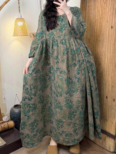 Plus Size Women Summer Artsy Flower O-Neck Cotton Dress