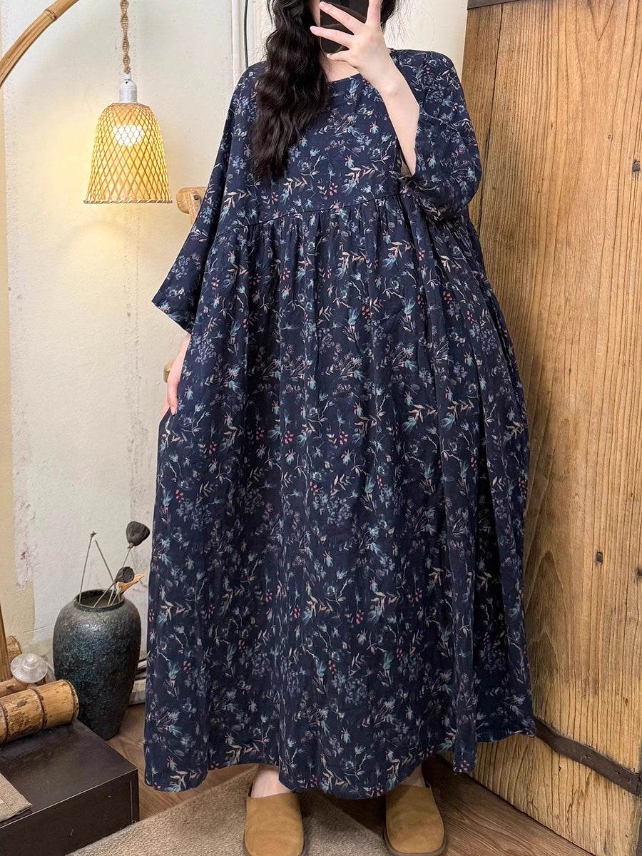 Plus Size Women Summer Artsy Flower O-Neck Cotton Dress