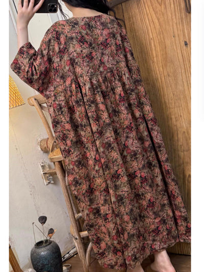 Plus Size Women Summer Artsy Flower O-Neck Cotton Dress